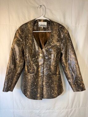 Ganni Snake Print Blazer Faux Leather Fitted Jacket Size 32 XS